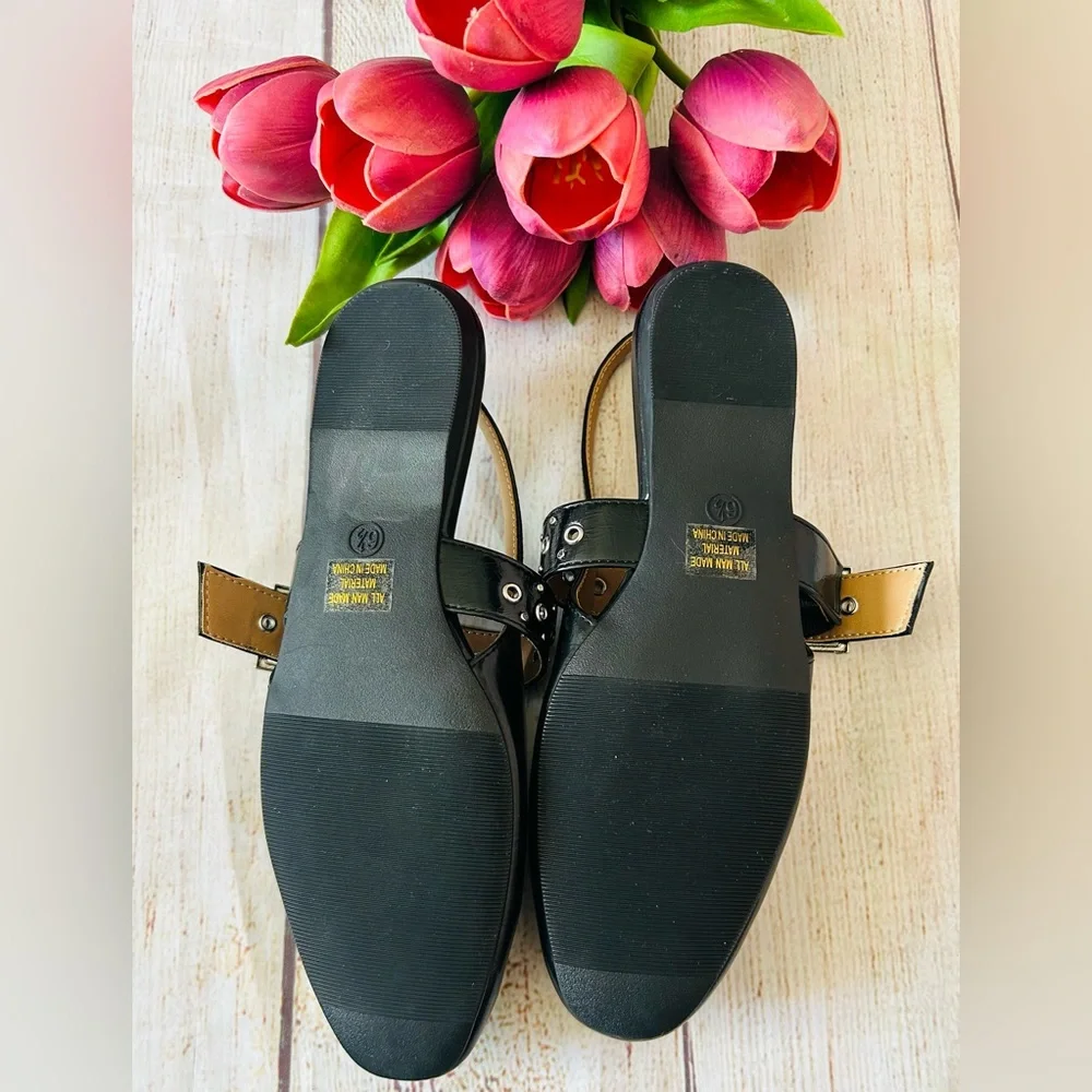 SODA Black Patent Leather Slingback Mary Jane Buckle Grommet Round Toe Flats